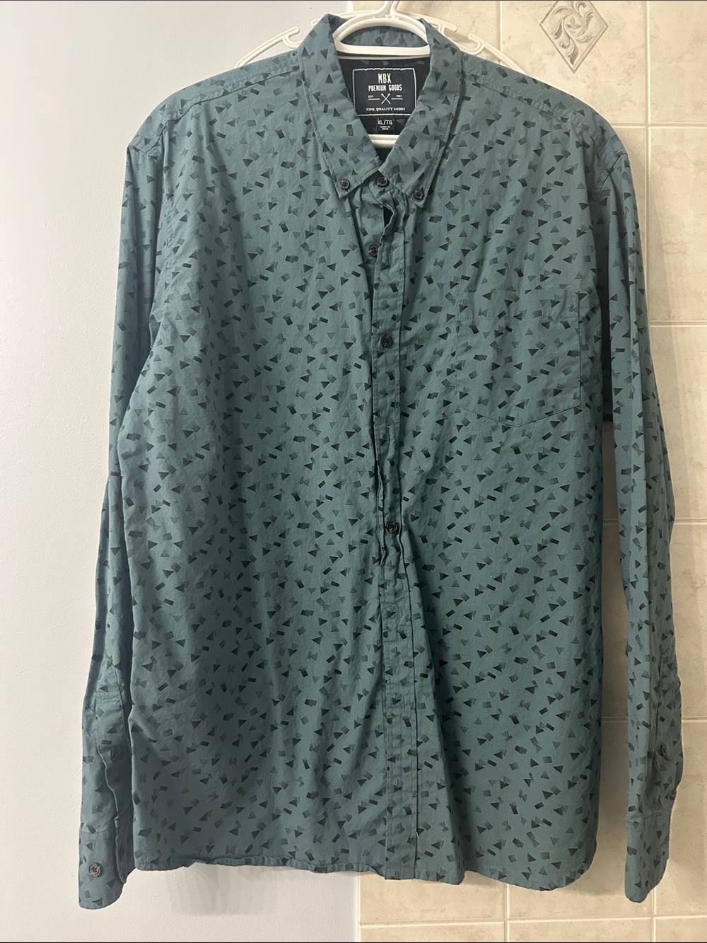 MRX Teal Button-Down Long-Sleeve Shirt with Micro Triangle Print